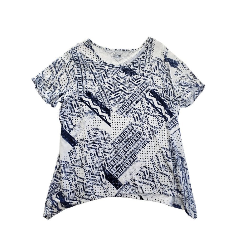 Basic Edition white & blue geometric short sleeve shirt, size 1X
